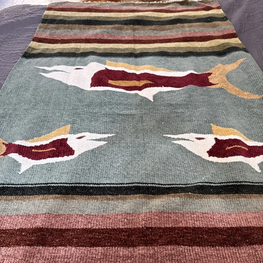 Hand Woven Colorful Fish Blanket Rug Tapestry Native ‎ Cabin Lodge Camp 80x48